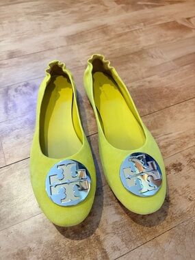 Tory Burch Bright Yellow Suede Logo Ballet Flats